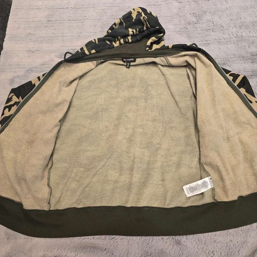 True Religion Mens Camo Buddha Logo Zip Up Hoodie Green Brown Large